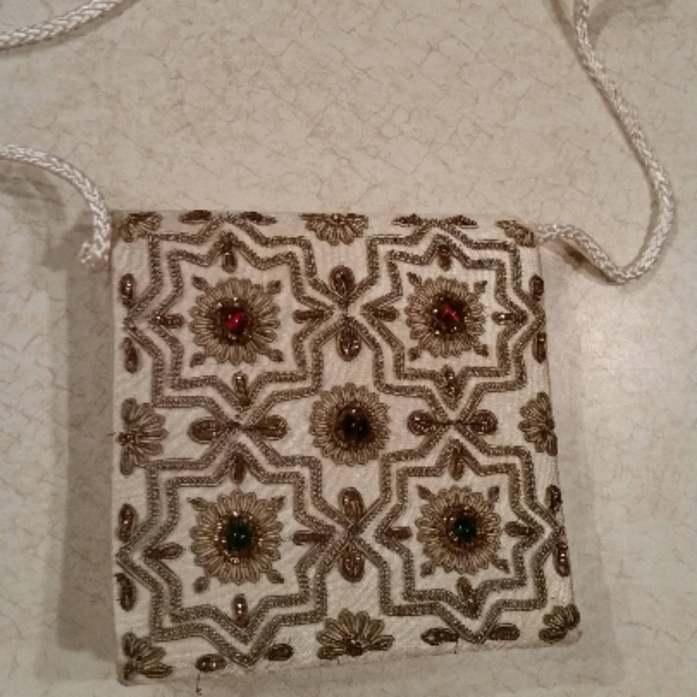 Vintage Bohemian Cream Satin Beaded Purse